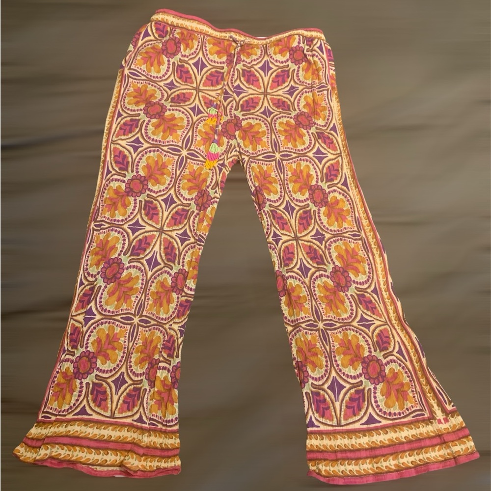 Emerson Rose Boho Floral Cropped Pants Pink Purple Tassel Drawstring Sz Medium
